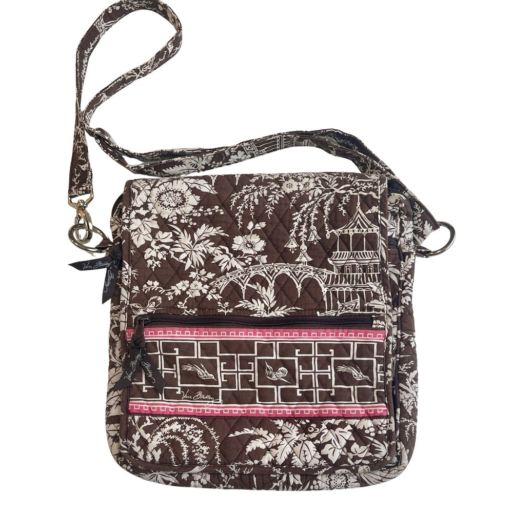 Vera Bradley Messenger Bag Womens Brown Chinoiserie Quilted Toile Cottagecore
